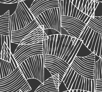 Wavy trapezoids white on black.Hand drawn with ink seamless background.Rough texture created with hatched geometrical shapes.