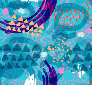 Abstract scribbles with all over flower and blue triangles.Hand drawn with ink and marker brush seamless background.Ethnic design.