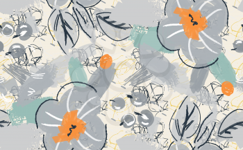 Abstract scribbles with gray flower and berries.Hand drawn with ink and marker brush seamless background.Ethnic design.