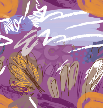 Rough sketched trees with scribbles on purple.Hand drawn with ink and marker brush seamless background.Ethnic design.