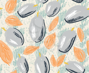 Sketched plums with leaves on light yellow.Hand drawn with ink and marker brush seamless background.Ethnic design.