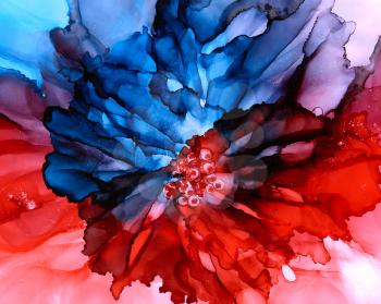 Abstract backdrop blue red flower.Colorful painted background hand drawn with bright inks and watercolor paints. Bright color splashes and splatters create uneven artistic background.