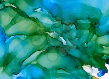 Abstract backdrop light blue green textured.Colorful painted background hand drawn with bright inks and watercolor paints. Bright color splashes and splatters create uneven artistic background.