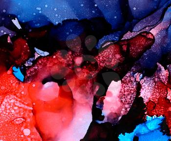 Abstract backdrop wave blue deep red textured.Colorful painted background hand drawn with bright inks and watercolor paints. Bright color splashes and splatters create uneven artistic background.
