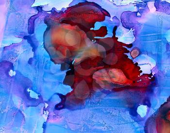 Abstract bright blue splatters with red scratched.Colorful background hand drawn with bright inks and watercolor paints. Color splashes and splatters create uneven artistic modern design.