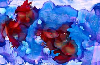 Abstract bright blue splatters with red splatters.Colorful background hand drawn with bright inks and watercolor paints. Color splashes and splatters create uneven artistic modern design.