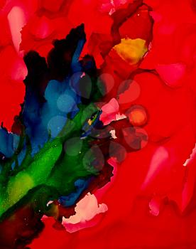 Abstract bright red with blue root.Colorful background hand drawn with bright inks and watercolor paints. Color splashes and splatters create uneven artistic modern design.