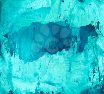 Abstract cyan blue smudge.Colorful background hand drawn with bright inks and watercolor paints. Color splashes and splatters create uneven artistic modern design.