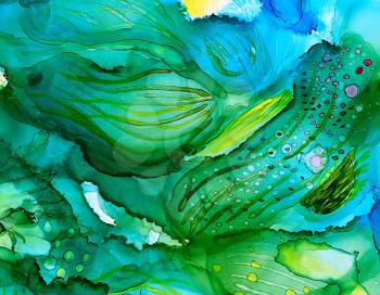 Abstract green underwater seaweed.Colorful background hand drawn with bright inks and watercolor paints. Color splashes and splatters create uneven artistic modern design.