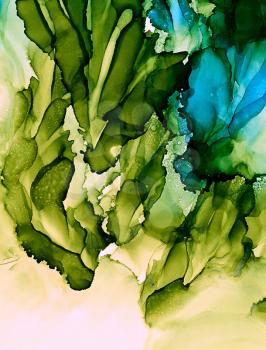 Abstract green with copy space.Colorful background hand drawn with bright inks and watercolor paints. Color splashes and splatters create uneven artistic modern design.