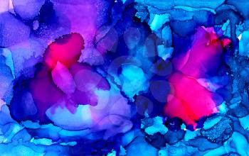 Abstract hot pink in blue ripples.Colorful background hand drawn with bright inks and watercolor paints. Color splashes and splatters create uneven artistic modern design.