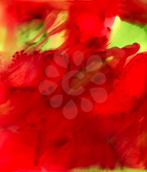 Abstract paint big red smudge with some green.Colorful background hand drawn with bright inks and watercolor paints. Color splashes and splatters create uneven artistic modern design.