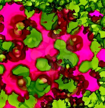Abstract paint bright pink green spots merging.Colorful background hand drawn with bright inks and watercolor paints. Color splashes and splatters create uneven artistic modern design.