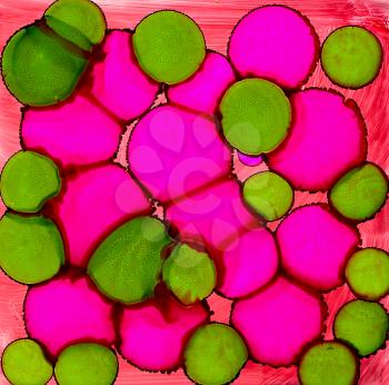 Abstract paint bright pink green spots.Colorful background hand drawn with bright inks and watercolor paints. Color splashes and splatters create uneven artistic modern design.