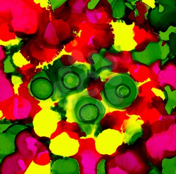Abstract paint bright pink yellow green spots.Colorful background hand drawn with bright inks and watercolor paints. Color splashes and splatters create uneven artistic modern design.