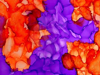 Abstract paint orange purple merging flow textured.Colorful background hand drawn with bright inks and watercolor paints. Color splashes and splatters create uneven artistic modern design.