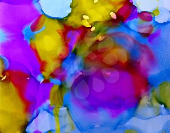 Abstract paint purple blue green spots flow.Colorful background hand drawn with bright inks and watercolor paints. Color splashes and splatters create uneven artistic modern design.