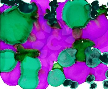 Abstract paint purple green spots.Colorful background hand drawn with bright inks and watercolor paints. Color splashes and splatters create uneven artistic modern design.