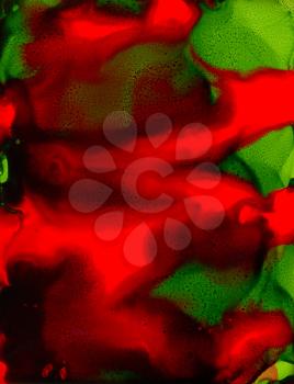 Abstract paint red over green flow.Colorful background hand drawn with bright inks and watercolor paints. Color splashes and splatters create uneven artistic modern design.