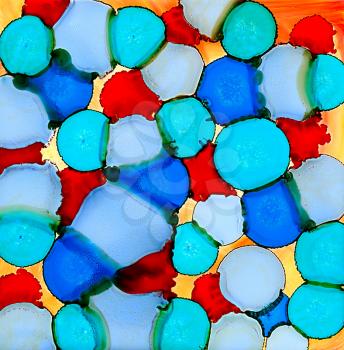 Abstract painted blue cyan red spots.Colorful background hand drawn with bright inks and watercolor paints. Color splashes and splatters create uneven artistic modern design.