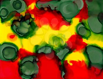 Abstract painted green spots on red yellow.Colorful background hand drawn with bright inks and watercolor paints. Color splashes and splatters create uneven artistic modern design.