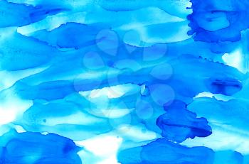 Abstract painted light blue flow textured.Colorful background hand drawn with bright inks and watercolor paints. Color splashes and splatters create uneven artistic modern design.
