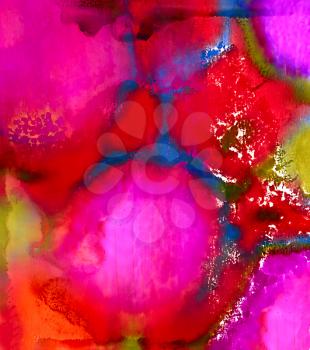 Abstract painted merging spots purple red textured.Colorful background hand drawn with bright inks and watercolor paints. Color splashes and splatters create uneven artistic modern design.