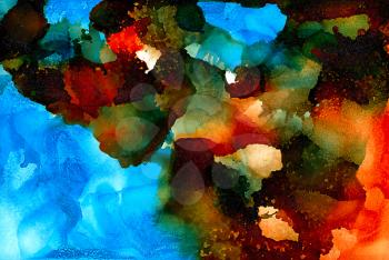 Abstract painted orange blue with black.Colorful background hand drawn with bright inks and watercolor paints. Color splashes and splatters create uneven artistic modern design.
