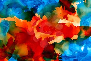 Abstract painted orange blue with texture.Colorful background hand drawn with bright inks and watercolor paints. Color splashes and splatters create uneven artistic modern design.