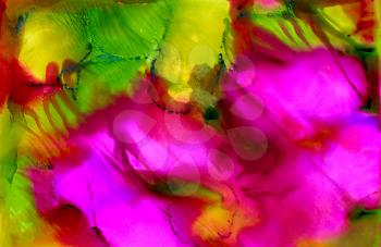 Abstract painted pink light green smudged.Colorful background hand drawn with bright inks and watercolor paints. Color splashes and splatters create uneven artistic modern design.