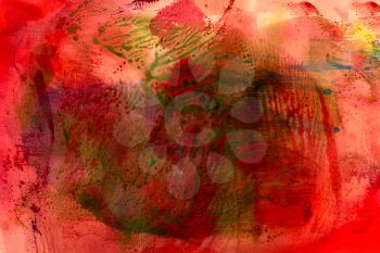 Abstract painted red with green marks.Colorful background hand drawn with bright inks and watercolor paints. Color splashes and splatters create uneven artistic modern design.
