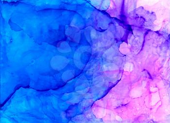 Abstract raster blue and pink overlapping.Colorful background hand drawn with bright inks and watercolor paints. Color splashes and splatters create uneven artistic modern design.