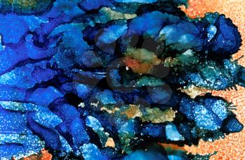Abstract raster blue with orange textured flow.Colorful background hand drawn with bright inks and watercolor paints. Color splashes and splatters create uneven artistic modern design.