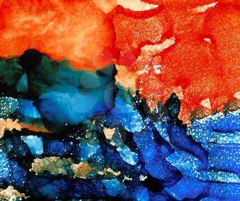 Abstract raster blue with orange textured.Colorful background hand drawn with bright inks and watercolor paints. Color splashes and splatters create uneven artistic modern design.