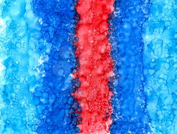 Abstract raster blue with red textured.Colorful background hand drawn with bright inks and watercolor paints. Color splashes and splatters create uneven artistic modern design.