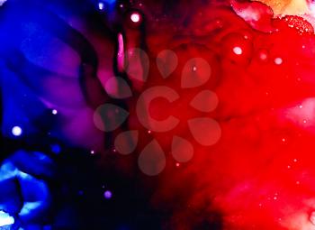 Abstract raster deep red merging with blue.Colorful background hand drawn with bright inks and watercolor paints. Color splashes and splatters create uneven artistic modern design.