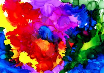 Abstract raster multicolored overflow.Colorful background hand drawn with bright inks and watercolor paints. Color splashes and splatters create uneven artistic modern design.