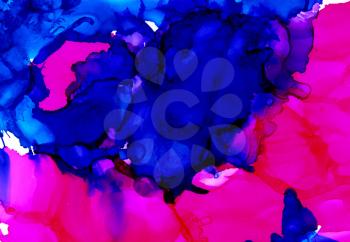 Abstract raster pink and blue flow.Colorful background hand drawn with bright inks and watercolor paints. Color splashes and splatters create uneven artistic modern design.