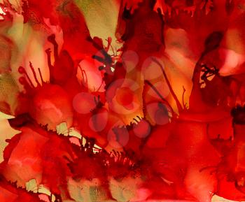 Abstract textured red tentacles earth green.Colorful background hand drawn with bright inks and watercolor paints. Color splashes and splatters create uneven artistic modern design.
