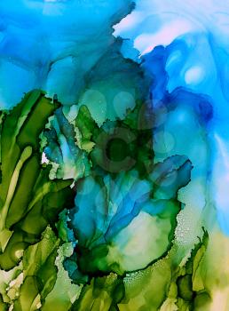 Abstract underwater green and blue.Colorful background hand drawn with bright inks and watercolor paints. Color splashes and splatters create uneven artistic modern design.