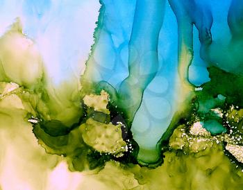 Abstract underwater green light blue.Colorful background hand drawn with bright inks and watercolor paints. Color splashes and splatters create uneven artistic modern design.