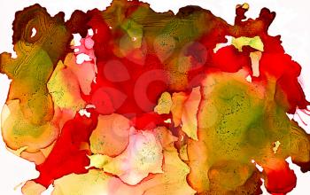 Abstract uneven red heather green ripples.Colorful background hand drawn with bright inks and watercolor paints. Color splashes and splatters create uneven artistic modern design.