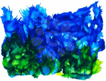 Blue and green splashes on white.Colorful background hand drawn with bright inks and watercolor paints. Color splashes and splatters create uneven artistic modern design.