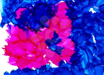 Blue and pink splashes.Colorful background hand drawn with bright inks and watercolor paints. Color splashes and splatters create uneven artistic modern design.