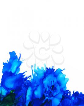 Blue splashes bottom vertical.Abstractl background hand drawn with bright inks and watercolor paints. Color splashes and splatters create uneven artistic modern design.