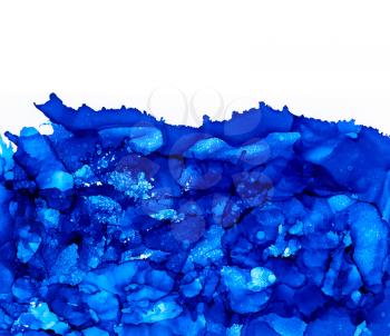 Blue splashes with texture.Abstractl background hand drawn with bright inks and watercolor paints. Color splashes and splatters create uneven artistic modern design.