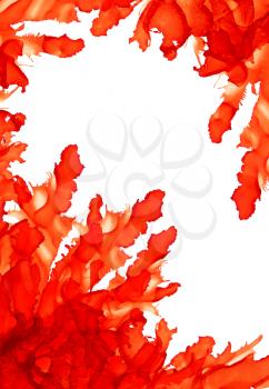 Orange splash corner copy space.Abstractl background hand drawn with bright inks and watercolor paints. Color splashes and splatters create uneven artistic modern design.