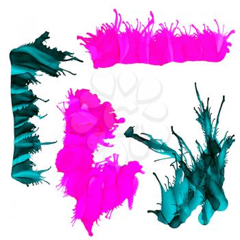Paint splashes green pink isolated on white.Colorful background hand drawn with bright inks and watercolor paints. Color splashes and splatters create uneven artistic modern design.