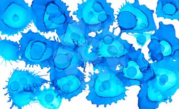 Paint spots blue uneven on white.Colorful background hand drawn with bright inks and watercolor paints. Color splashes and splatters create uneven artistic modern design.