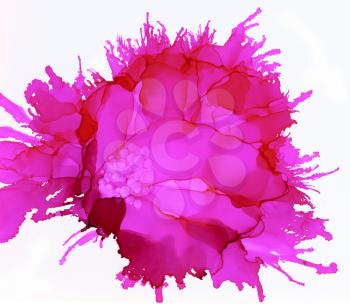 Pink flower on white.Bright background hand drawn with pink inks and watercolor paints. Color splashes and splatters create abstract flower.